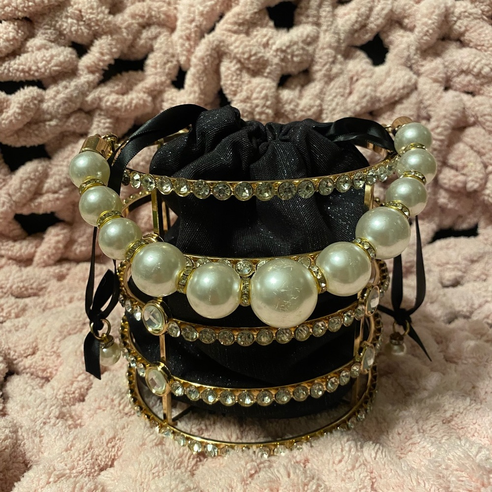Elegant Black and Gold Pearl-Embellished Bag